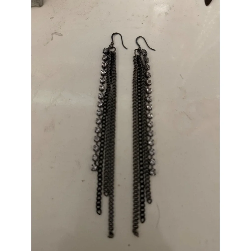 Gunmetal Multi Strand Chain Rhinestone Long Dangle Shoulder Duster Earrings